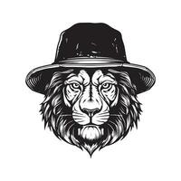 lion wearing bucket hat, vintage logo line art concept black and white color, hand drawn illustration vector