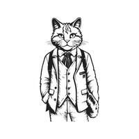 stylish cat, vintage logo line art concept black and white color, hand drawn illustration vector