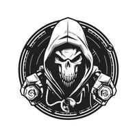 cyberware hacker boss, vintage logo line art concept black and white color, hand drawn illustration vector