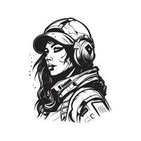 futuristic soldier girl, vintage logo line art concept black and white color, hand drawn illustration vector