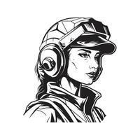 futuristic soldier girl, vintage logo line art concept black and white color, hand drawn illustration vector