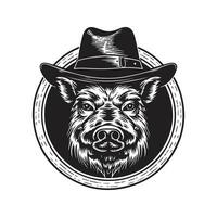 boar wearing hat, vintage logo line art concept black and white color, hand drawn illustration vector