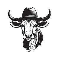 zebu wearing hat, vintage logo line art concept black and white color, hand drawn illustration vector