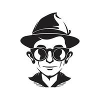 elf wearing sunglasses, vintage logo line art concept black and white color, hand drawn illustration vector