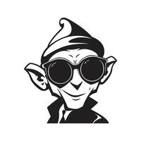 elf wearing sunglasses, vintage logo line art concept black and white color, hand drawn illustration vector