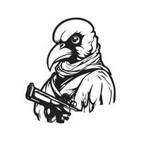 bird gunner, vintage logo line art concept black and white color, hand drawn illustration vector