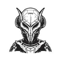 battle alien cybernetic, vintage logo line art concept black and white color, hand drawn illustration vector