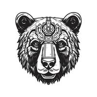 grizzly bear futuristic, vintage logo line art concept black and white color, hand drawn illustration vector