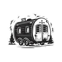 camp trailer, vintage logo line art concept black and white color, hand drawn illustration vector