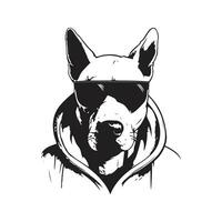 bull terrier wearing hoodie with sunglasses, vintage logo line art concept black and white color, hand drawn illustration vector