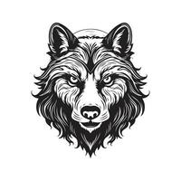 wolf head, vintage logo line art concept black and white color, hand drawn illustration vector