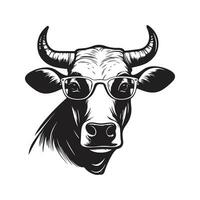 zebu wearing sunglasses, vintage logo line art concept black and white color, hand drawn illustration vector