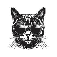 british cat with sunglasses, vintage logo line art concept black and white color, hand drawn illustration vector