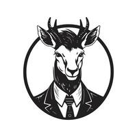 waterbuck wearing suit, vintage logo line art concept black and white color, hand drawn illustration vector