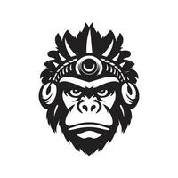 gorilla indian, vintage logo line art concept black and white color, hand drawn illustration vector