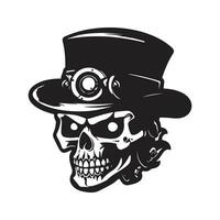 skull wearing steampunk hat, vintage logo line art concept black and white color, hand drawn illustration vector