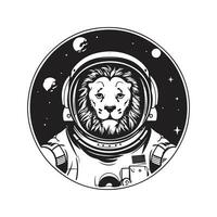 clip art lion astronaut, vintage logo line art concept black and white color, hand drawn illustration vector