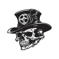 skull wearing steampunk hat, vintage logo line art concept black and white color, hand drawn illustration vector