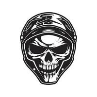 skull biker wearing helmet, vintage logo line art concept black and white color, hand drawn illustration vector