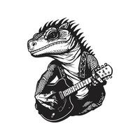 rocker iguana, vintage logo line art concept black and white color, hand drawn illustration vector