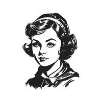 young girl, vintage logo line art concept black and white color, hand drawn illustration vector