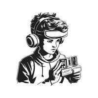 chico jugando juego, Clásico logo línea Arte concepto negro y blanco color, mano dibujado ilustración vector