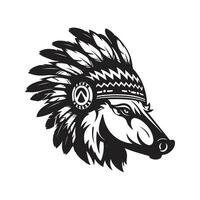 wild boar indian, vintage logo line art concept black and white color, hand drawn illustration vector