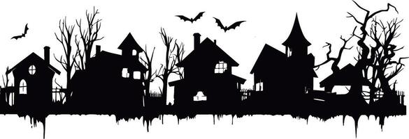 Small cartoon town silhouette houses trees black and white. Vector Illustration with fairy town silhouette. Halloween villgae silhouette vector illustration.