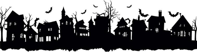 Halloween houses. Creepy village. Black silhouettes of houses and trees on an white background. Vector illustration.