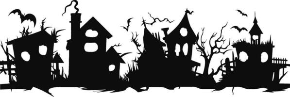 Halloween Houses and trees on white background of black silhouettes style. Haunted houses or spooky village for background, banner and header. Vector illustration for halloween concept