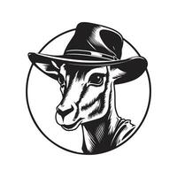 springbok wearing hat, vintage logo line art concept black and white color, hand drawn illustration vector