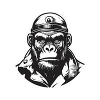 gorilla soldier, vintage logo line art concept black and white color, hand drawn illustration vector