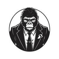 gorilla wearing suit, vintage logo line art concept black and white color, hand drawn illustration vector