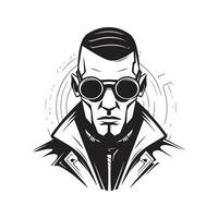 person wearing futuristic glasses, vintage logo line art concept black and white color, hand drawn illustration vector