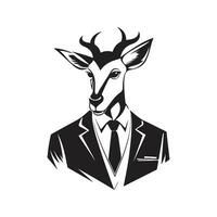 springbok wearing suit, vintage logo line art concept black and white color, hand drawn illustration vector