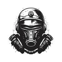 sci fi army wearing helmet, vintage logo line art concept black and white color, hand drawn illustration vector