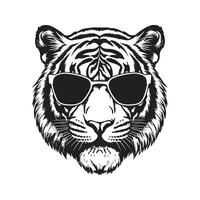 tiger head wearing sunglasses, vintage logo line art concept black and white color, hand drawn illustration vector