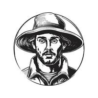 fisherman wearing bucket hat, vintage logo line art concept black and white color, hand drawn illustration vector