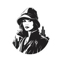 urban woman, vintage logo line art concept black and white color, hand drawn illustration vector