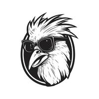 chicken with sunglasses, vintage logo line art concept black and white color, hand drawn illustration vector