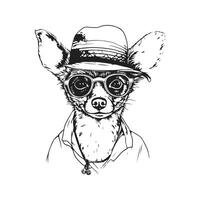 chihuahua with straw hat and glasses, vintage logo line art concept black and white color, hand drawn illustration vector