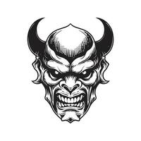 demon face, vintage logo line art concept black and white color, hand drawn illustration vector