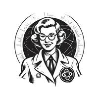 happy woman scientist, vintage logo line art concept black and white color, hand drawn illustration vector