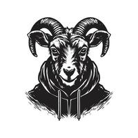 goat wearing hoodie, vintage logo line art concept black and white color, hand drawn illustration vector