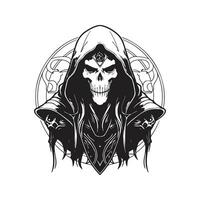 scary futuristic necromancer, vintage logo line art concept black and white color, hand drawn illustration vector