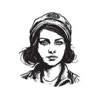 portrait young rebel girl, vintage logo line art concept black and white color, hand drawn illustration vector