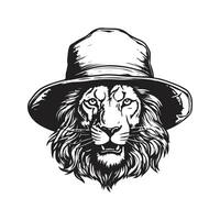 lion wearing bucket hat, vintage logo line art concept black and white color, hand drawn illustration vector