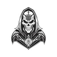 scary futuristic necromancer, vintage logo line art concept black and white color, hand drawn illustration vector