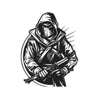 stealthy assassin, vintage logo line art concept black and white color, hand drawn illustration vector