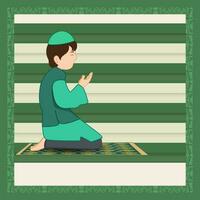 lado ver personaje de musulmán joven chico ofrecimiento namaz oración en verde estera. islámico festival saludo tarjeta. vector